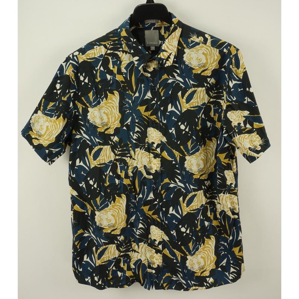 A-Frame Men's XL‎ Short Sleeve Blue Black Tiger Floral Cotton Button Up Shirt